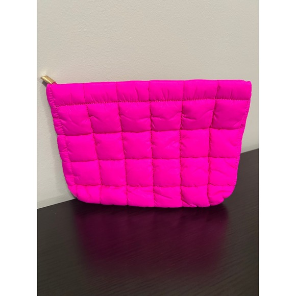 Handbags - Bright Pink Puffy Quilted Pouch Cosmetic Bag Makeup Travel Zipper Pouch